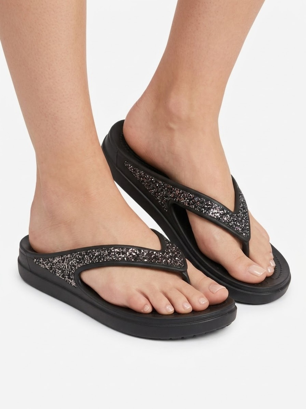 Crocs Sloane Black Glitter Platform Wedge Sandals Shimmer Flip Flops Size W10